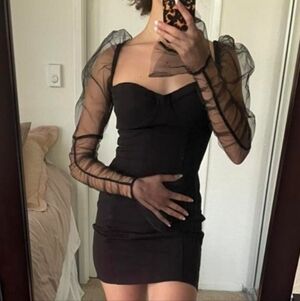 Women's Black Poofy Mesh Sleeve Mini Dress - Unknown - S